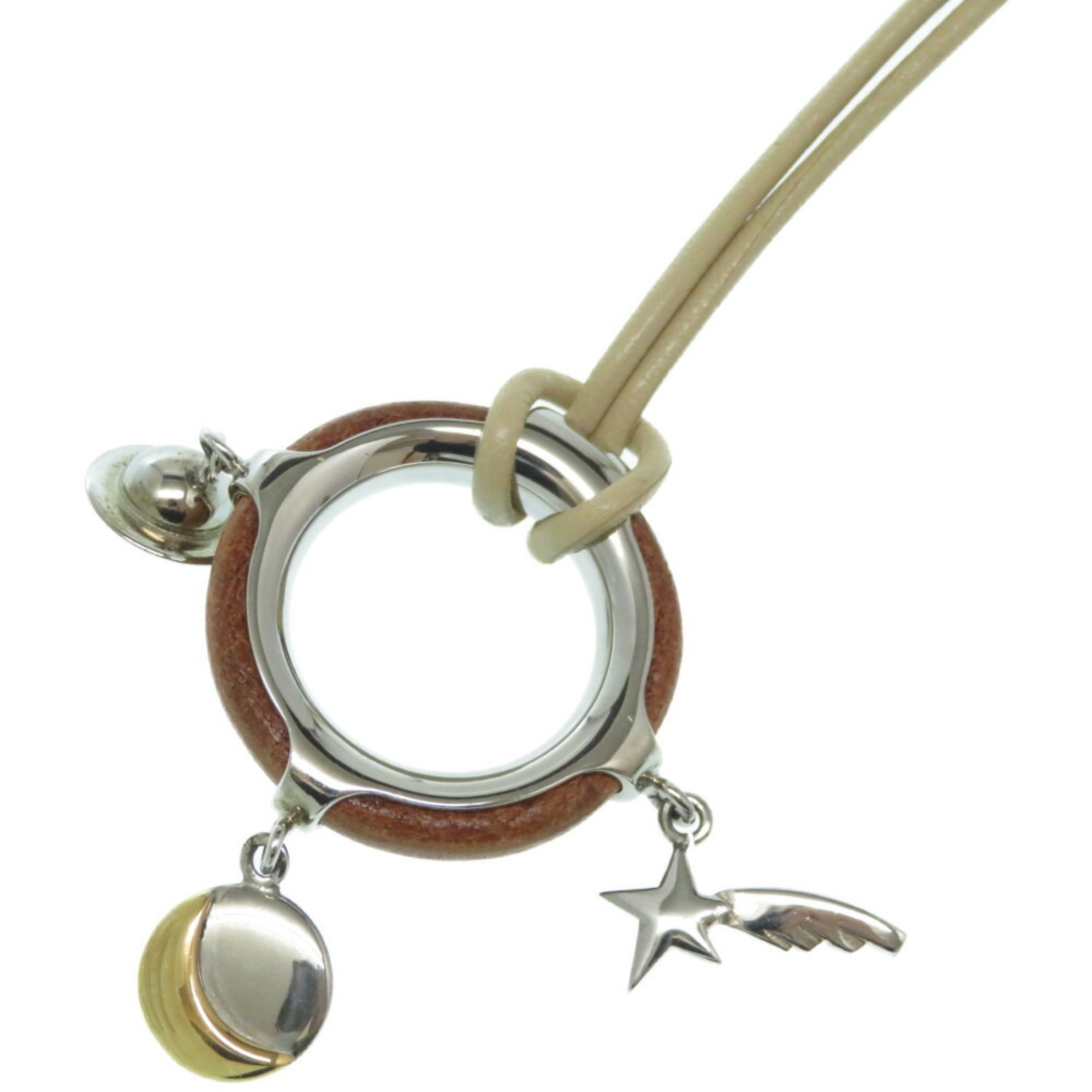 Hermes Necklace Leather Metal Silver Star Moon Accessories